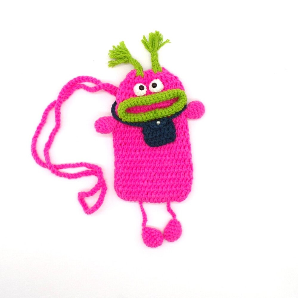 Big Mouth Silly Monster Crochet Crossbody Bag Cellphone Pink Green Tween Teen